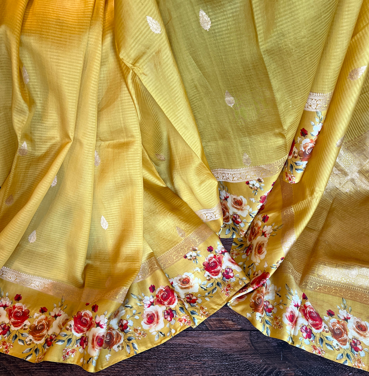 Yellow Mashru Banarasi With Floral Borders