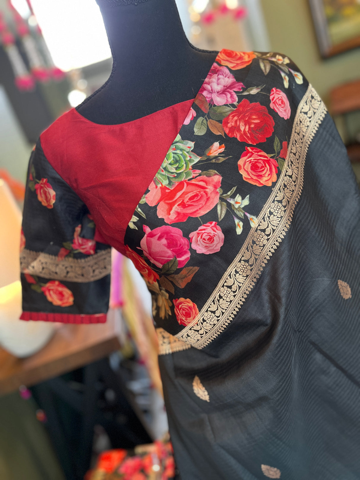 Black Mashru Banarasi With Floral Borders