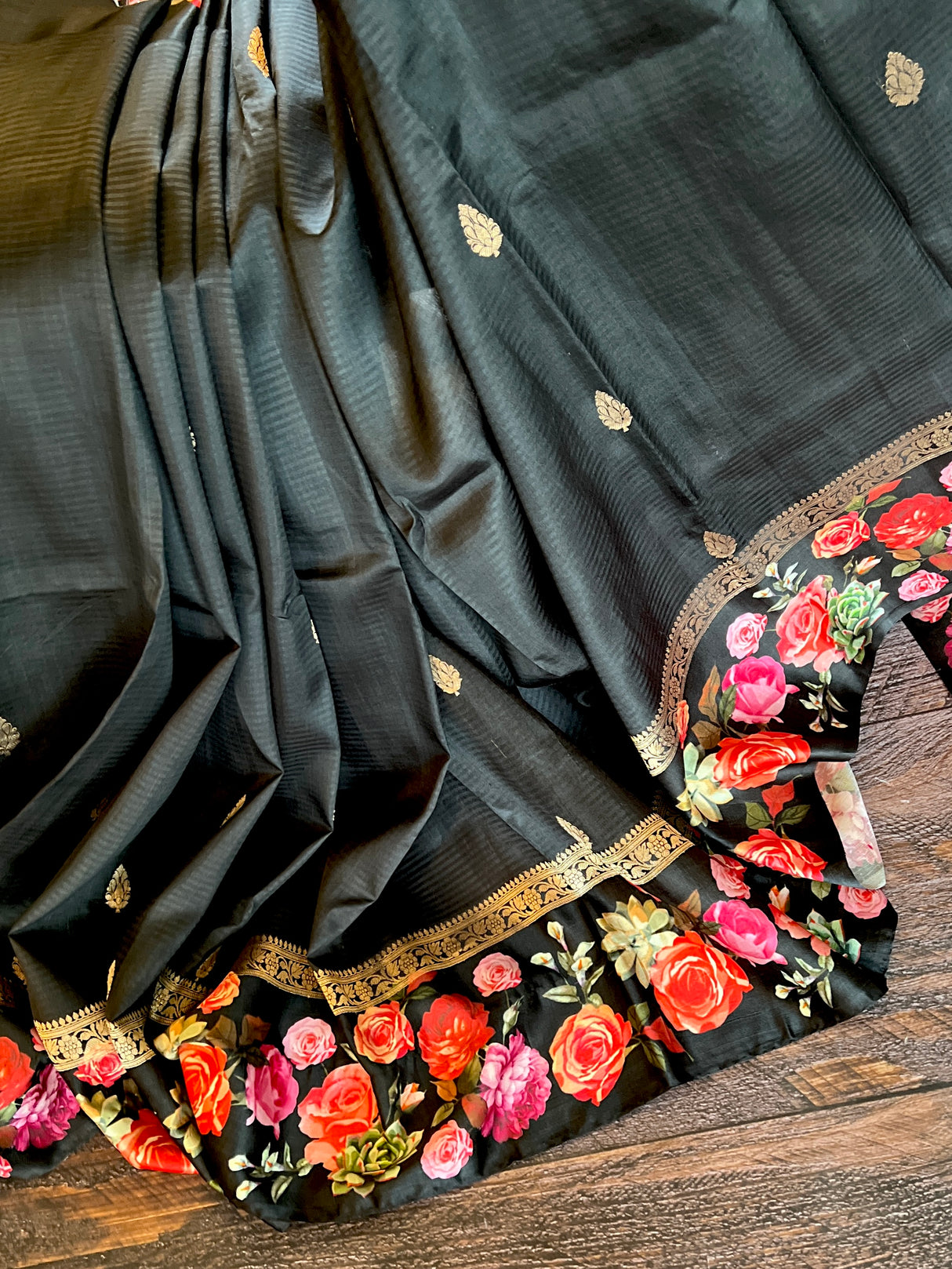 Black Mashru Banarasi With Floral Borders
