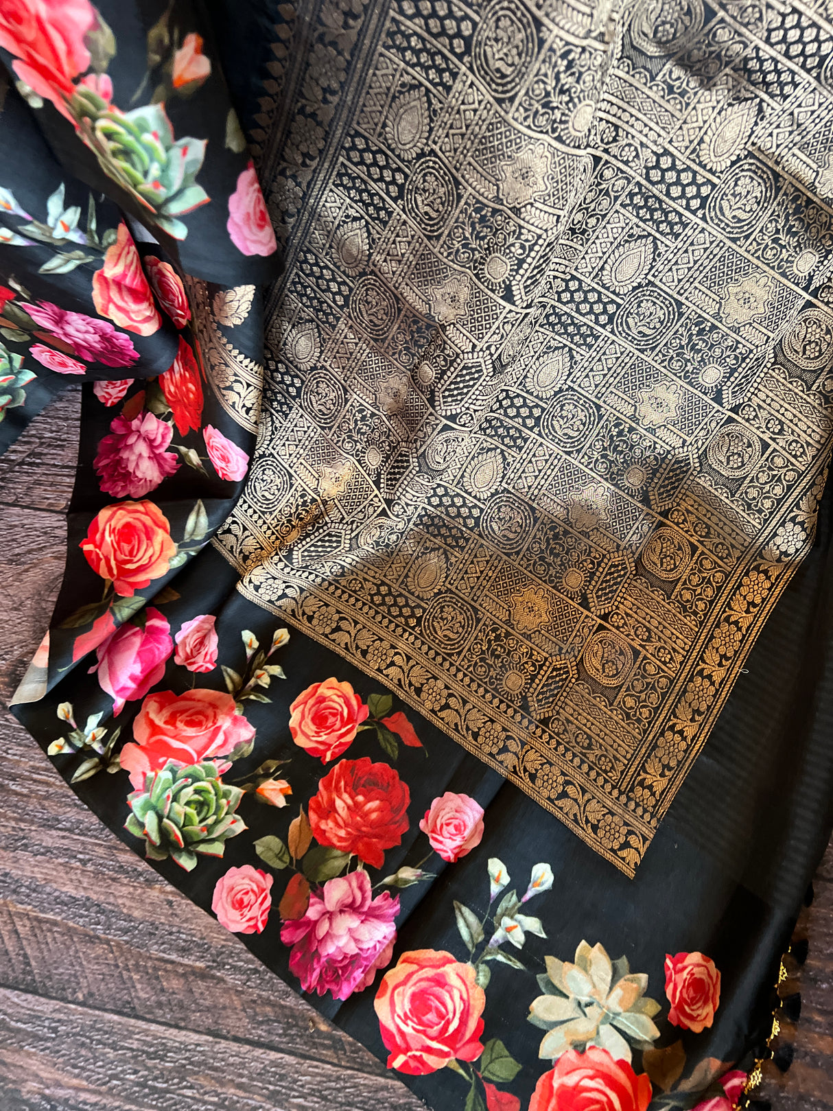 Black Mashru Banarasi With Floral Borders