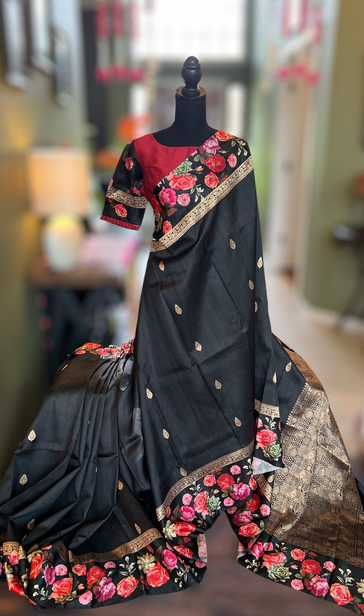 Black Mashru Banarasi With Floral Borders
