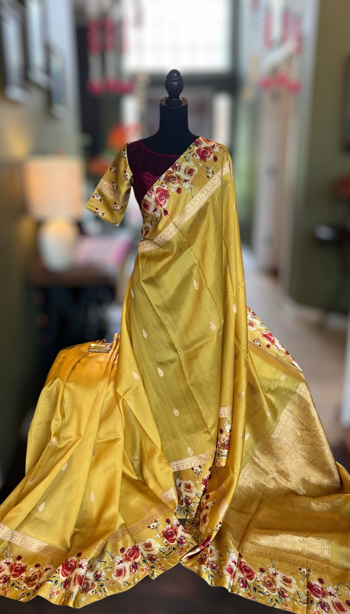 Yellow Mashru Banarasi With Floral Borders