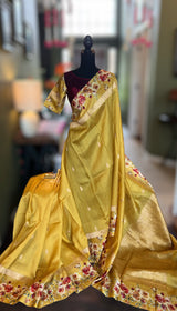 Yellow Mashru Banarasi With Floral Borders