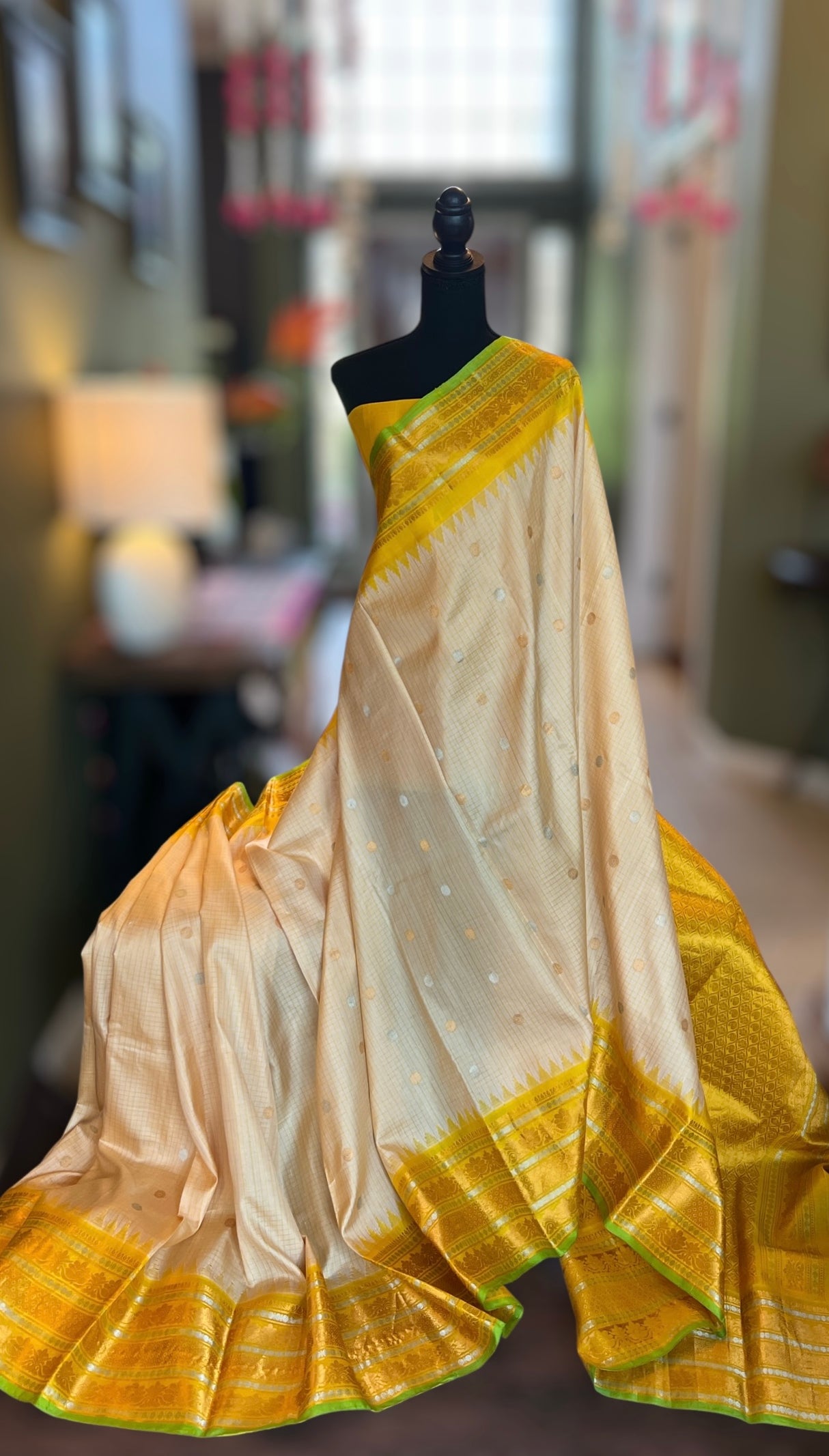 Off White Gloden yellow Tiny Checks Gadwal Pure silk