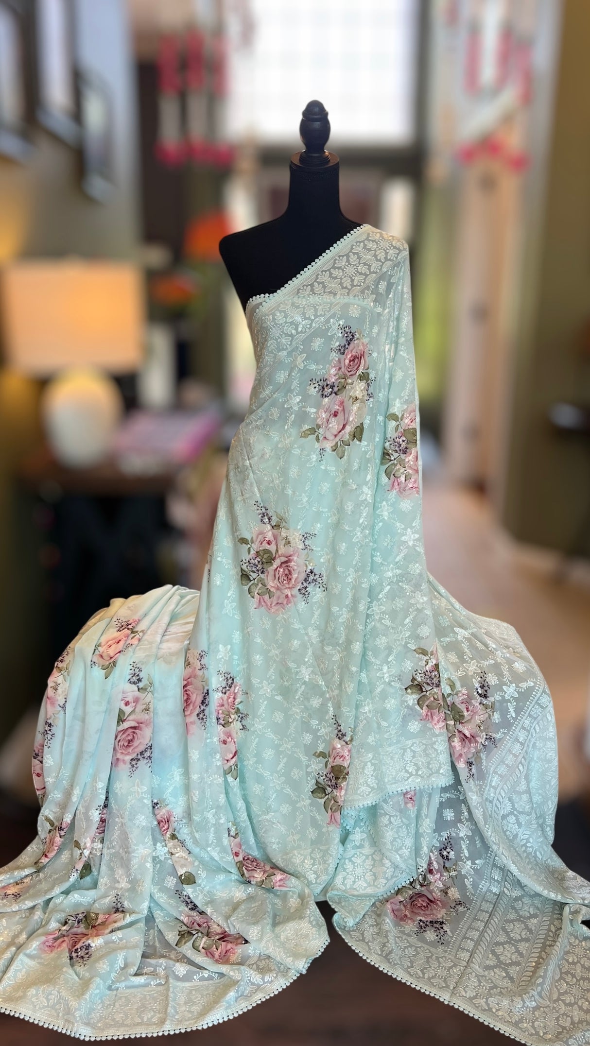 Blue Georgette Chikenkari Floral Print Sequins