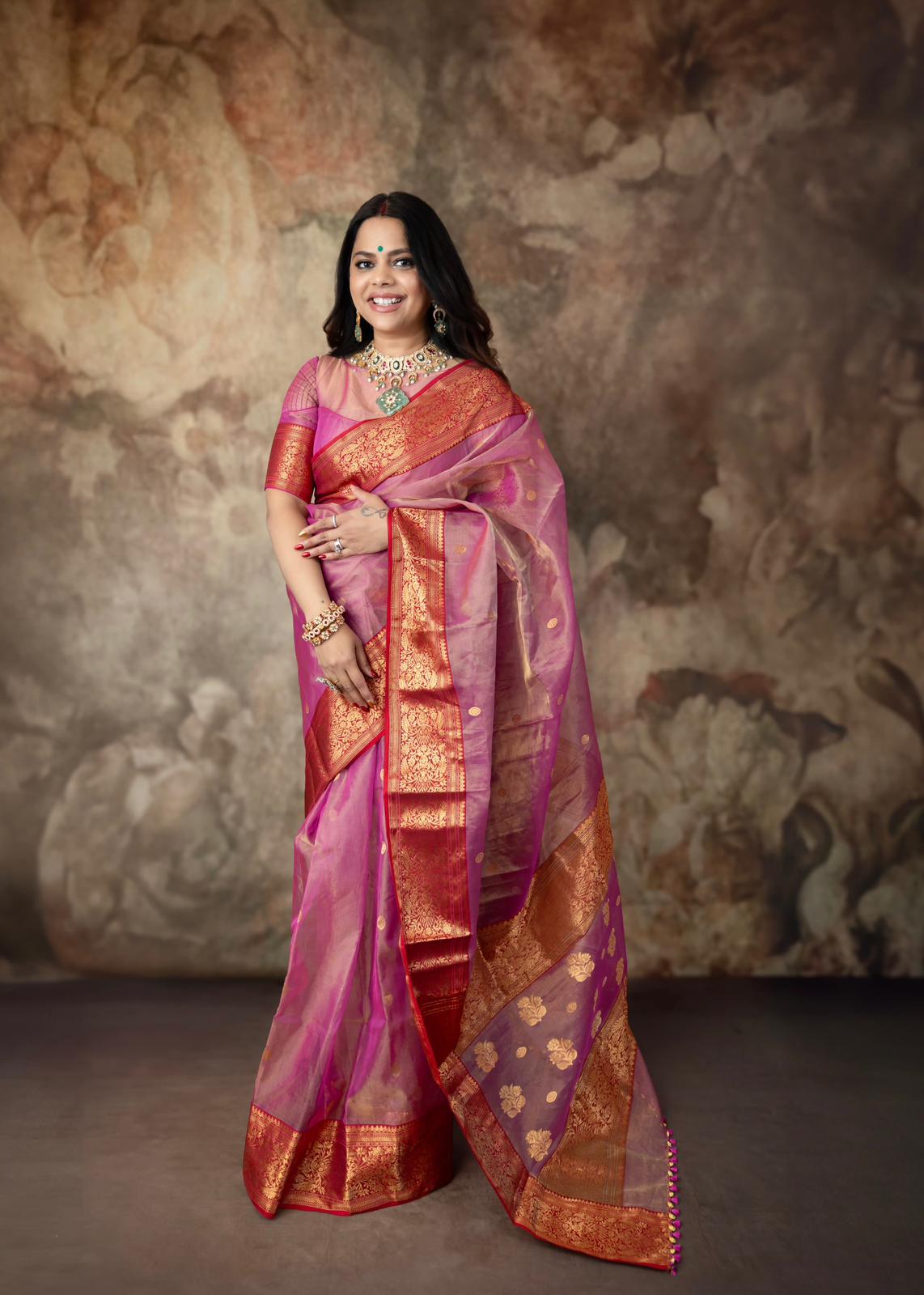 Pink Chanderi Tissue Katan Handloom Pure Silk