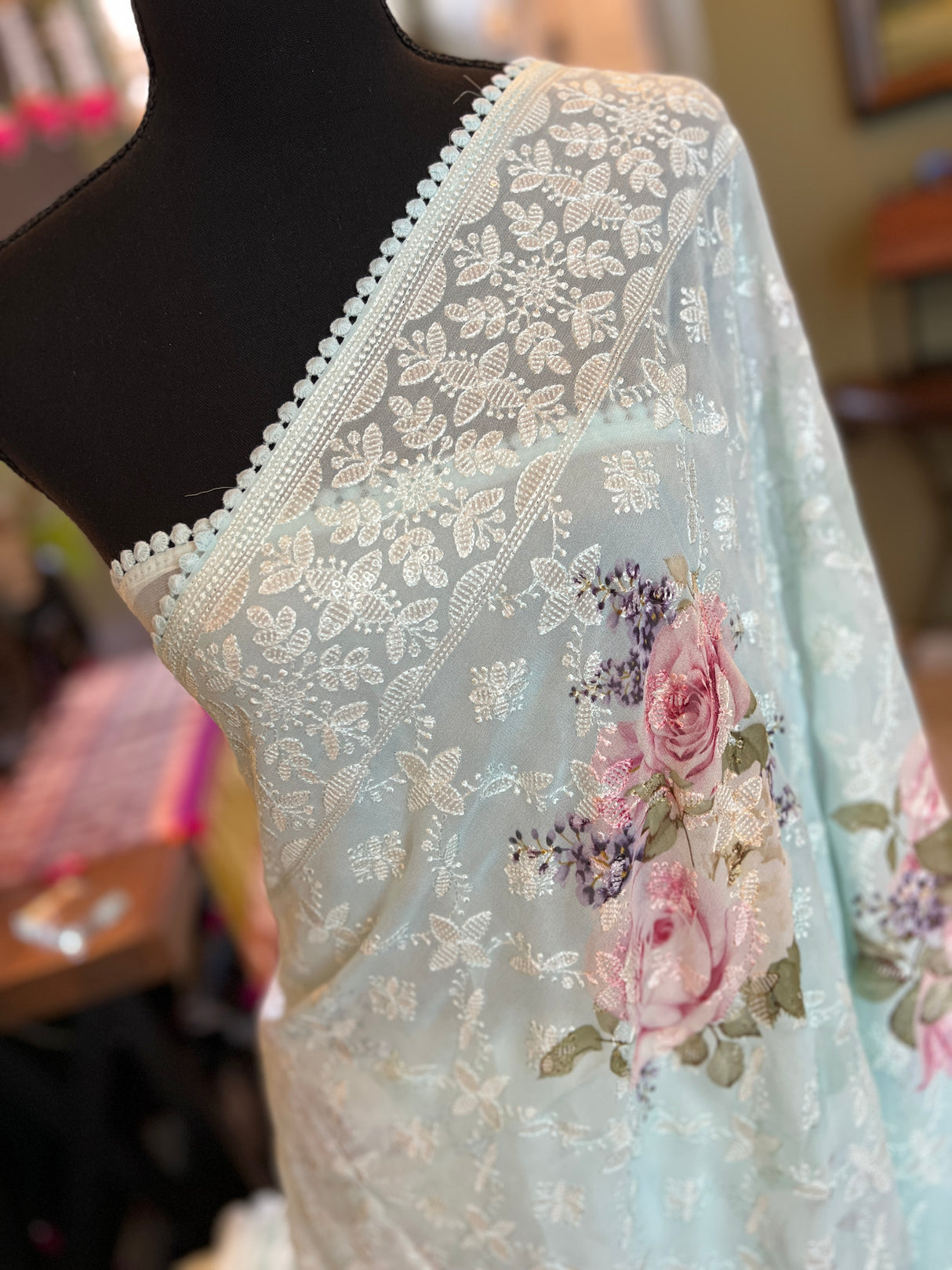 Blue Georgette Chikenkari Floral Print Sequins