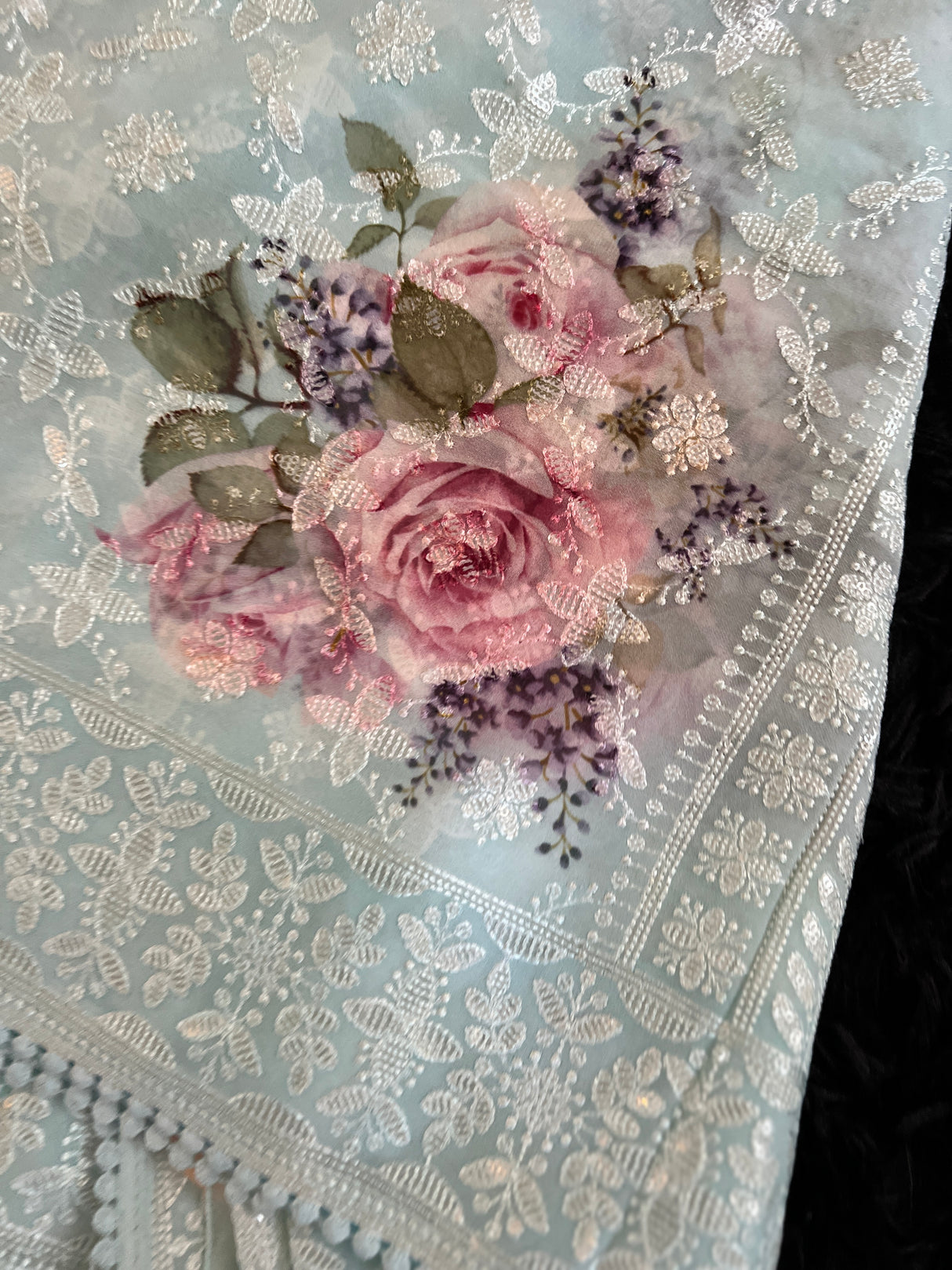 Blue Georgette Chikenkari Floral Print Sequins
