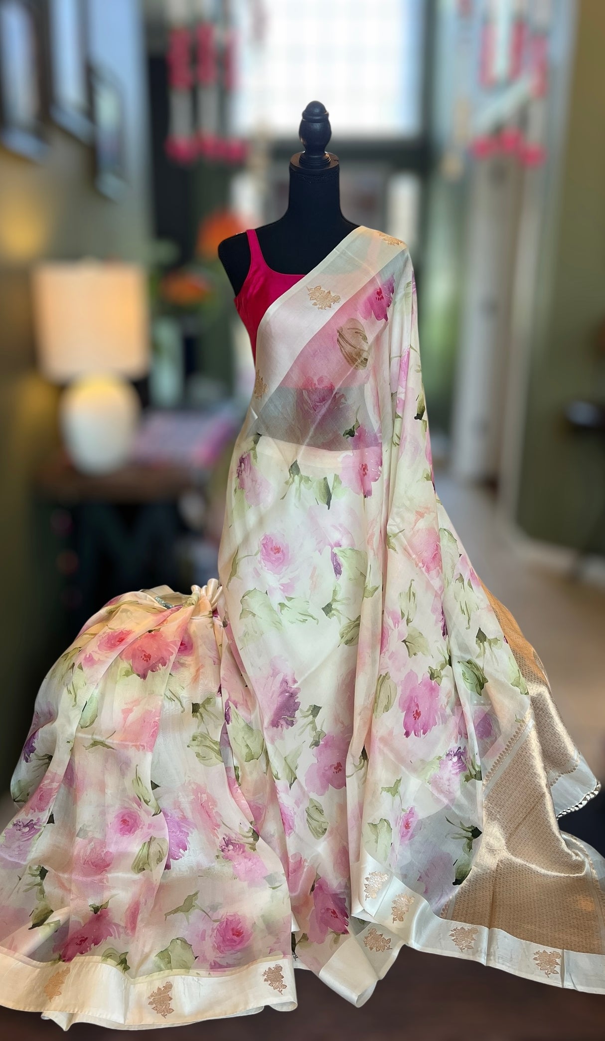 Ivory Floral Raw Mango Design Organza
