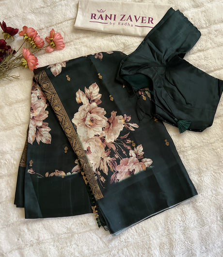 Deep Bottle Green Floral Poona Silk