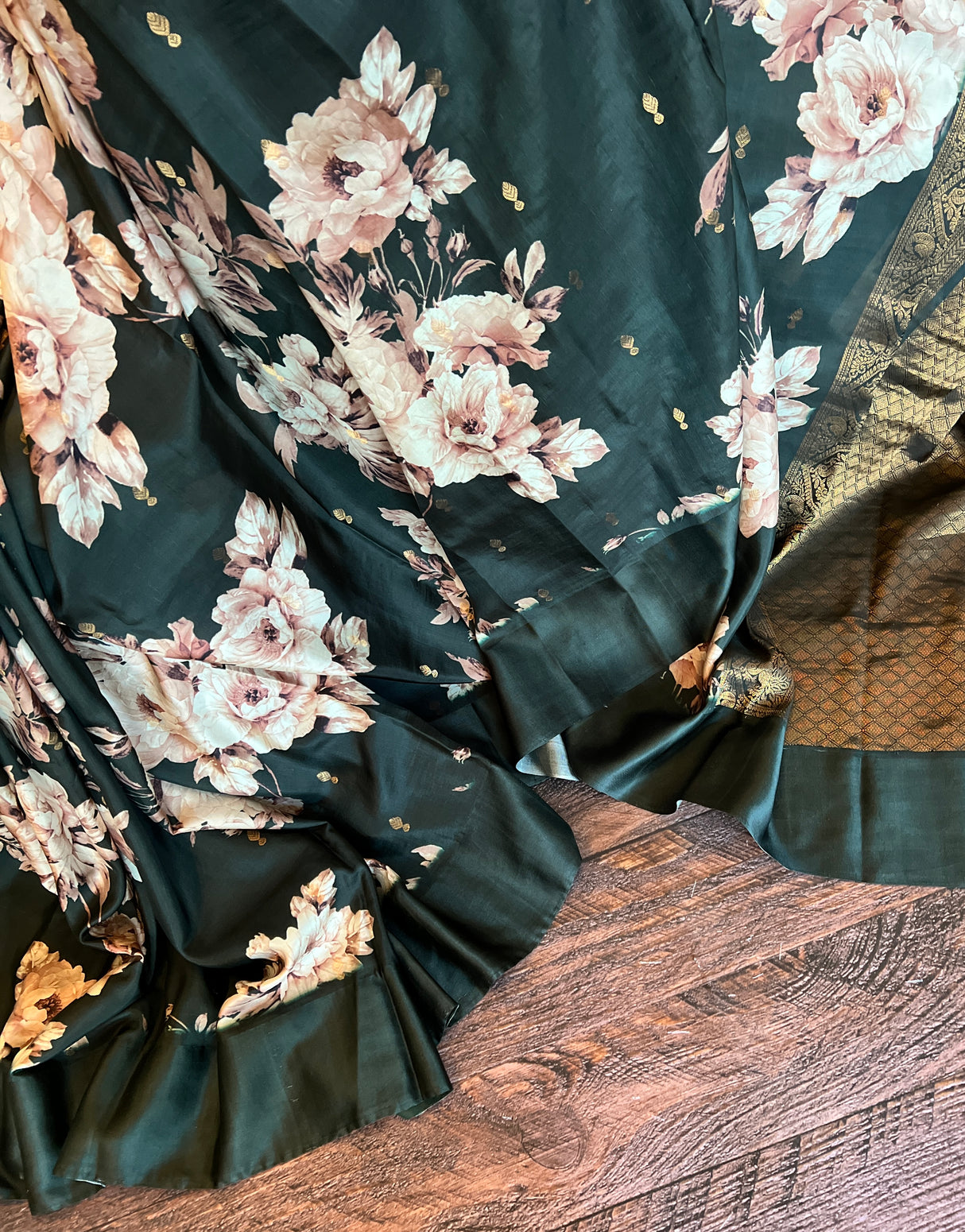 Deep Bottle Green Floral Poona Silk