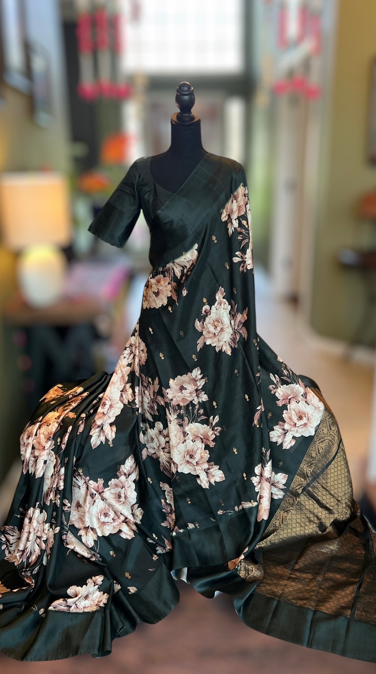 Deep Bottle Green Floral Poona Silk