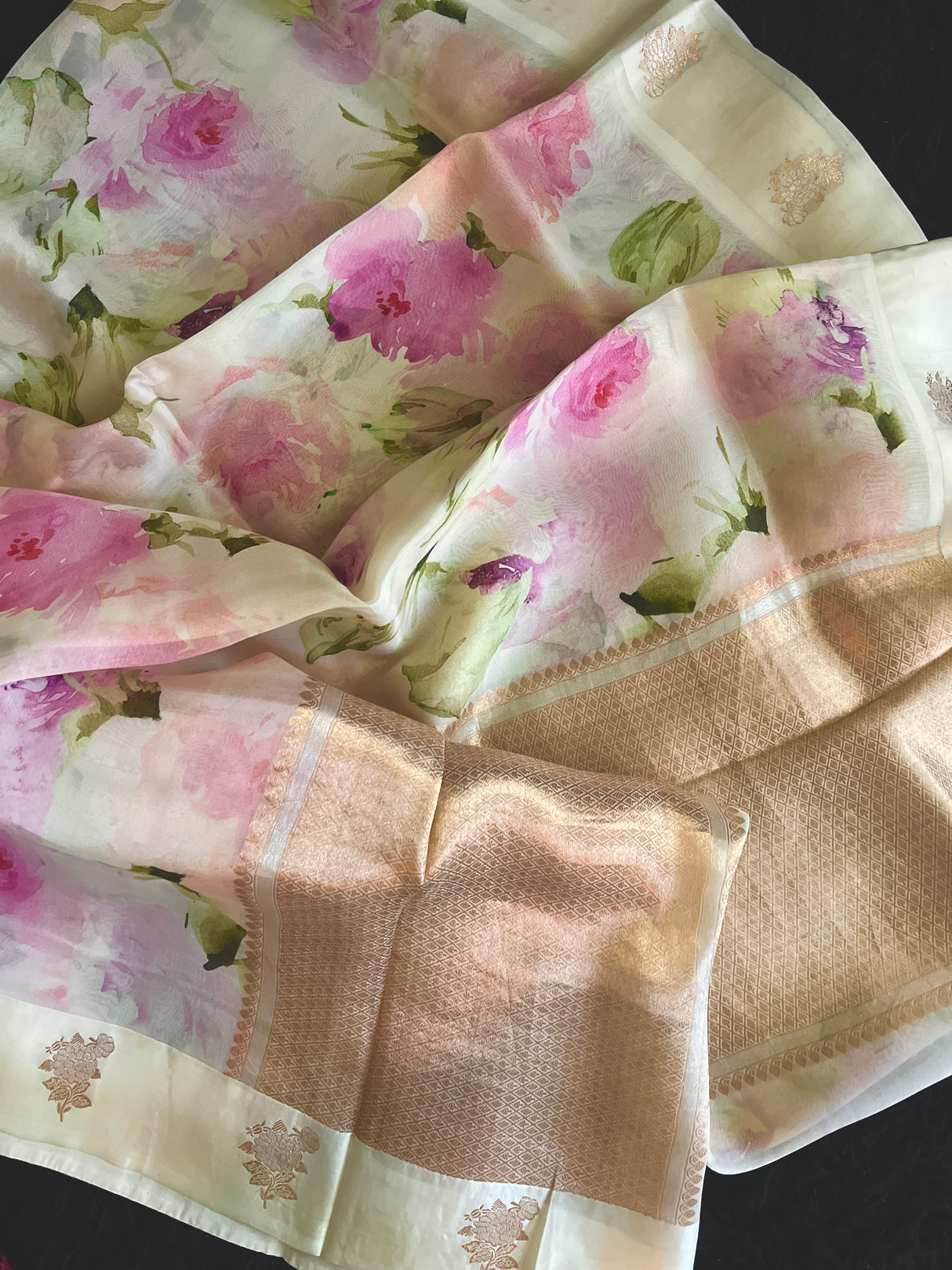 Ivory Floral Raw Mango Design Organza