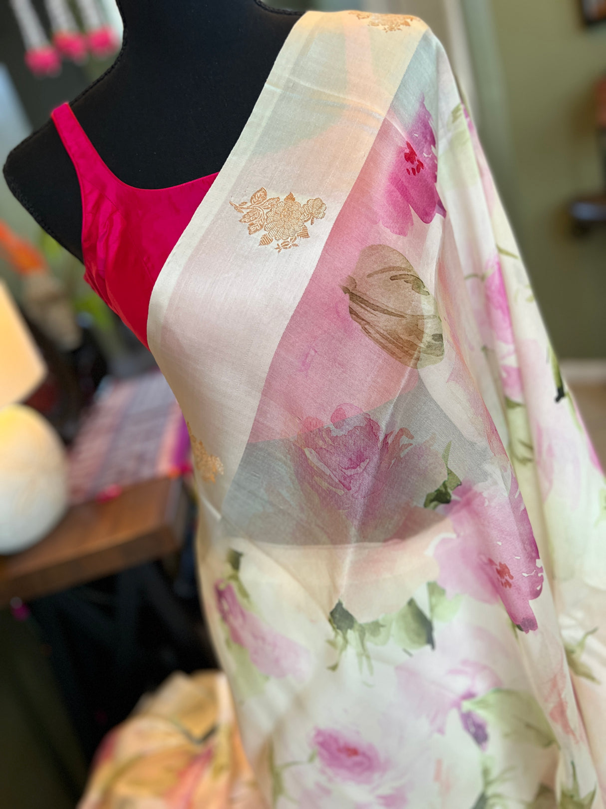 Ivory Floral Raw Mango Design Organza