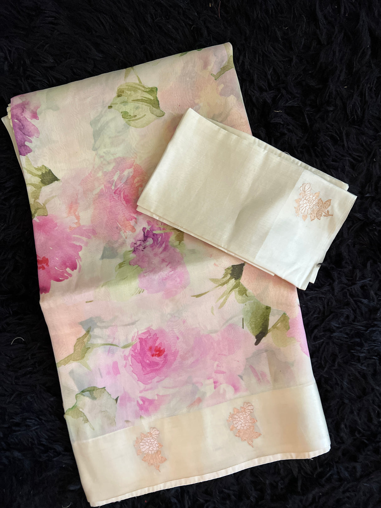 Ivory Floral Raw Mango Design Organza