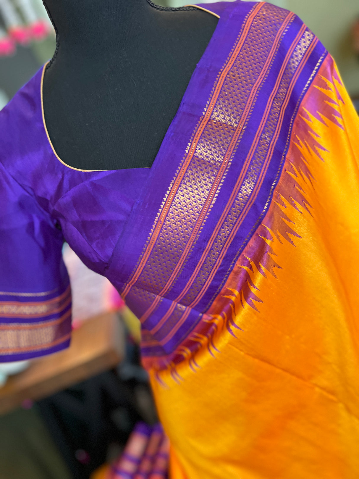 Mango Orange Purple Ilkal Pure Silk Saree