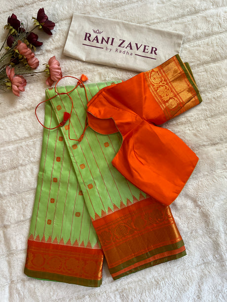 Pista Green Orange Gadwal Pure Silk