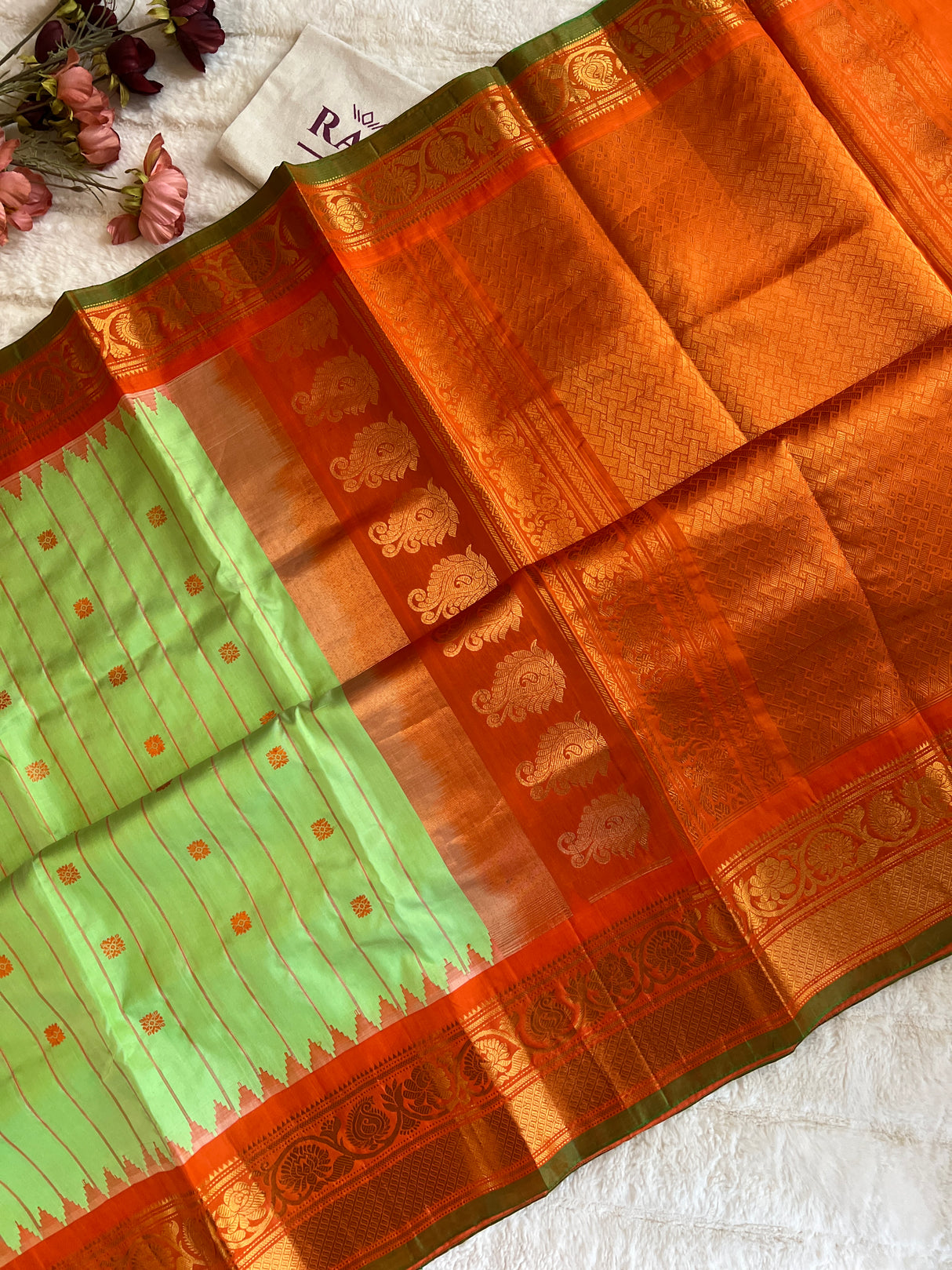 Pista Green Orange Gadwal Pure Silk