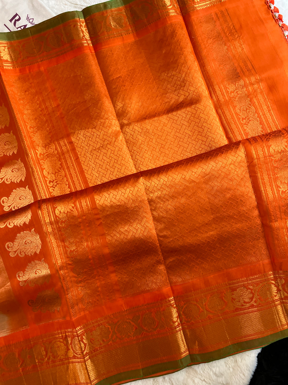 Pista Green Orange Gadwal Pure Silk