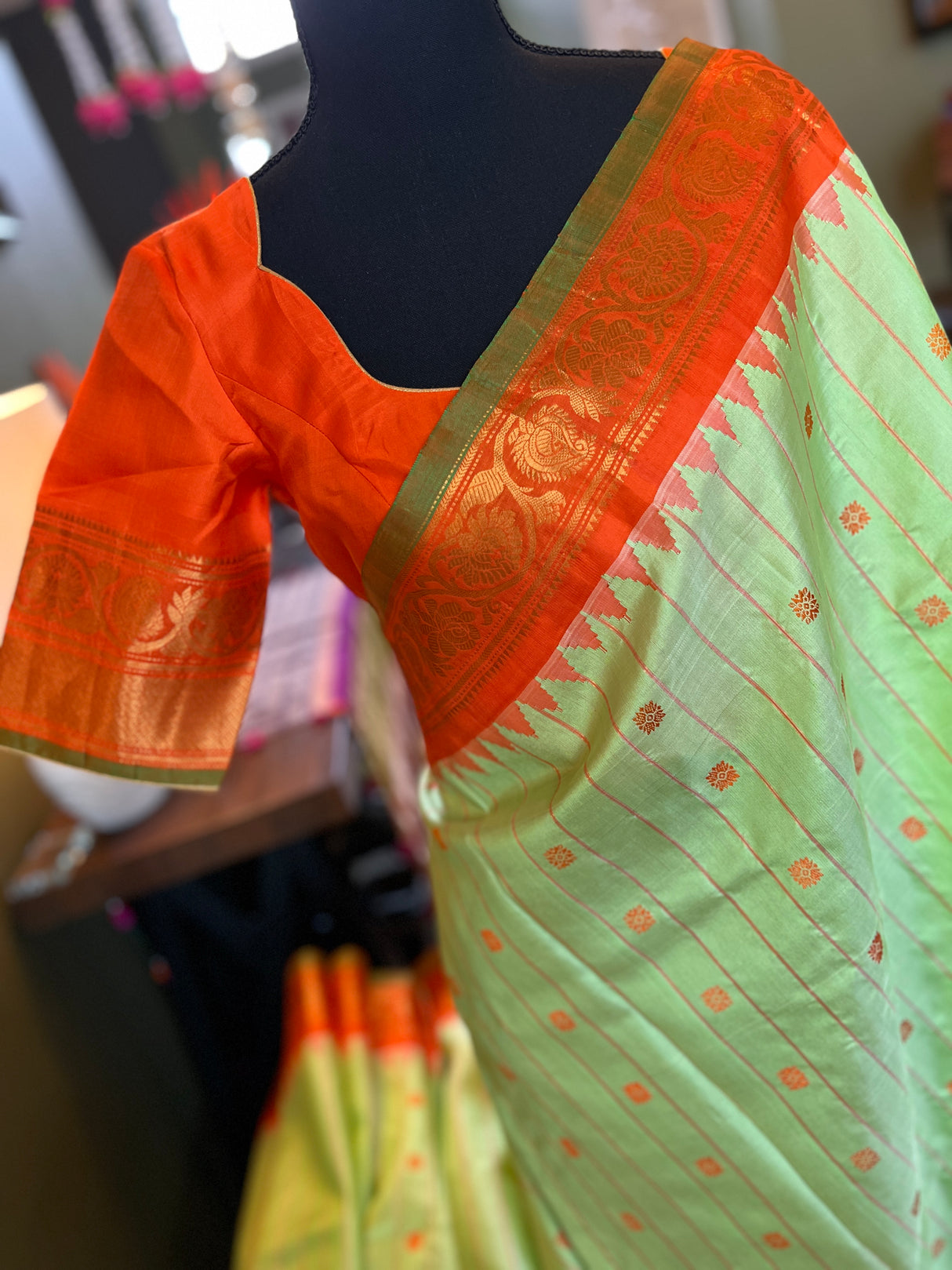 Pista Green Orange Gadwal Pure Silk