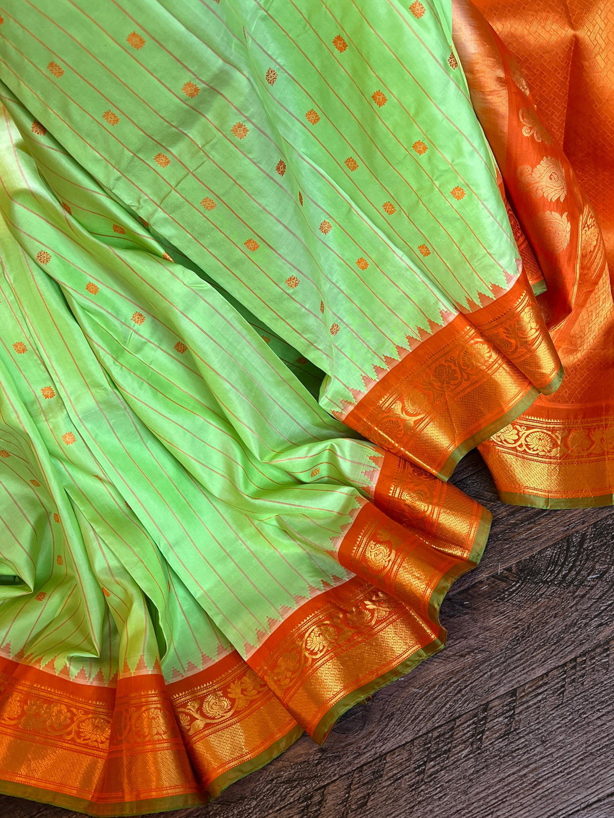 Pista Green Orange Gadwal Pure Silk