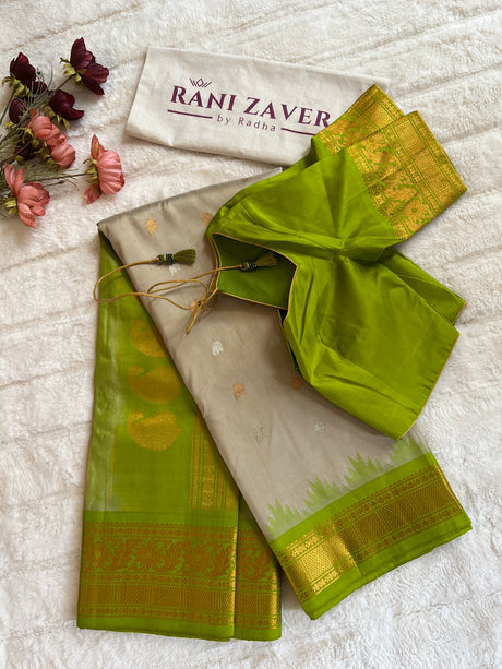 Beige Parrot Green Gadwal Pure Silk