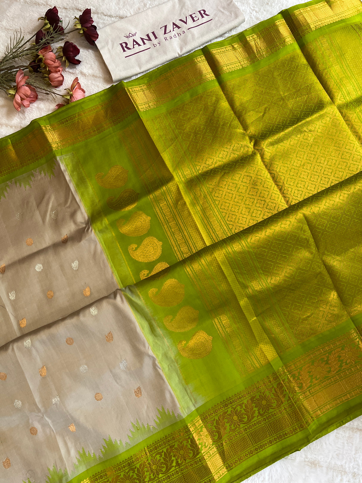 Beige Parrot Green Gadwal Pure Silk