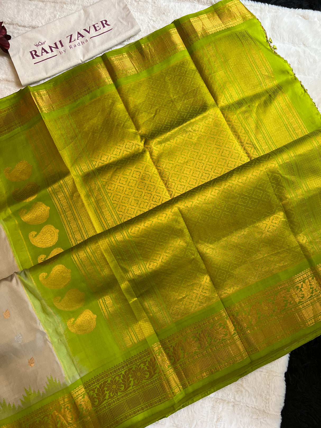 Beige Parrot Green Gadwal Pure Silk