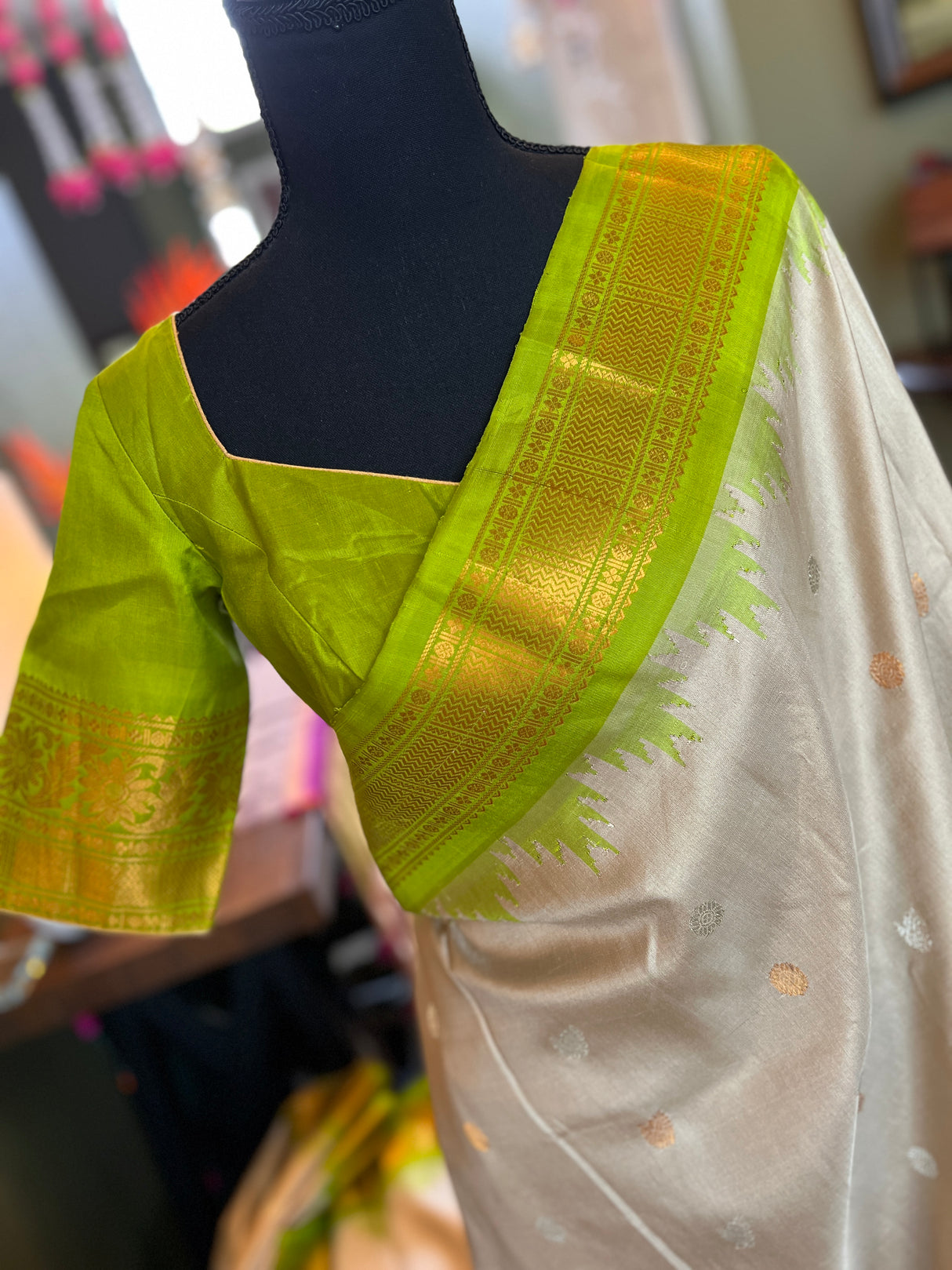 Beige Parrot Green Gadwal Pure Silk