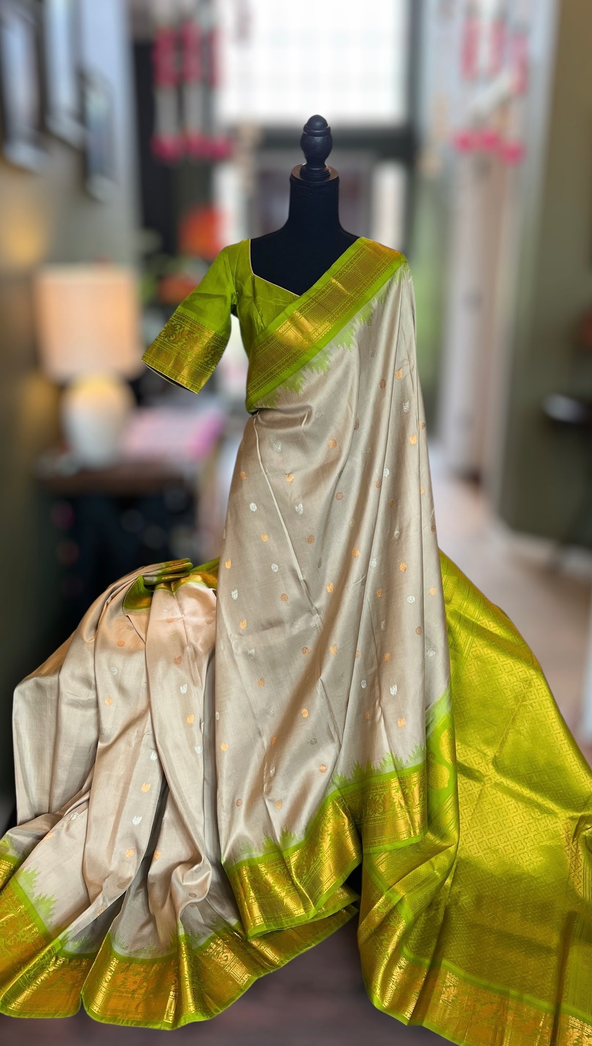 Beige Parrot Green Gadwal Pure Silk