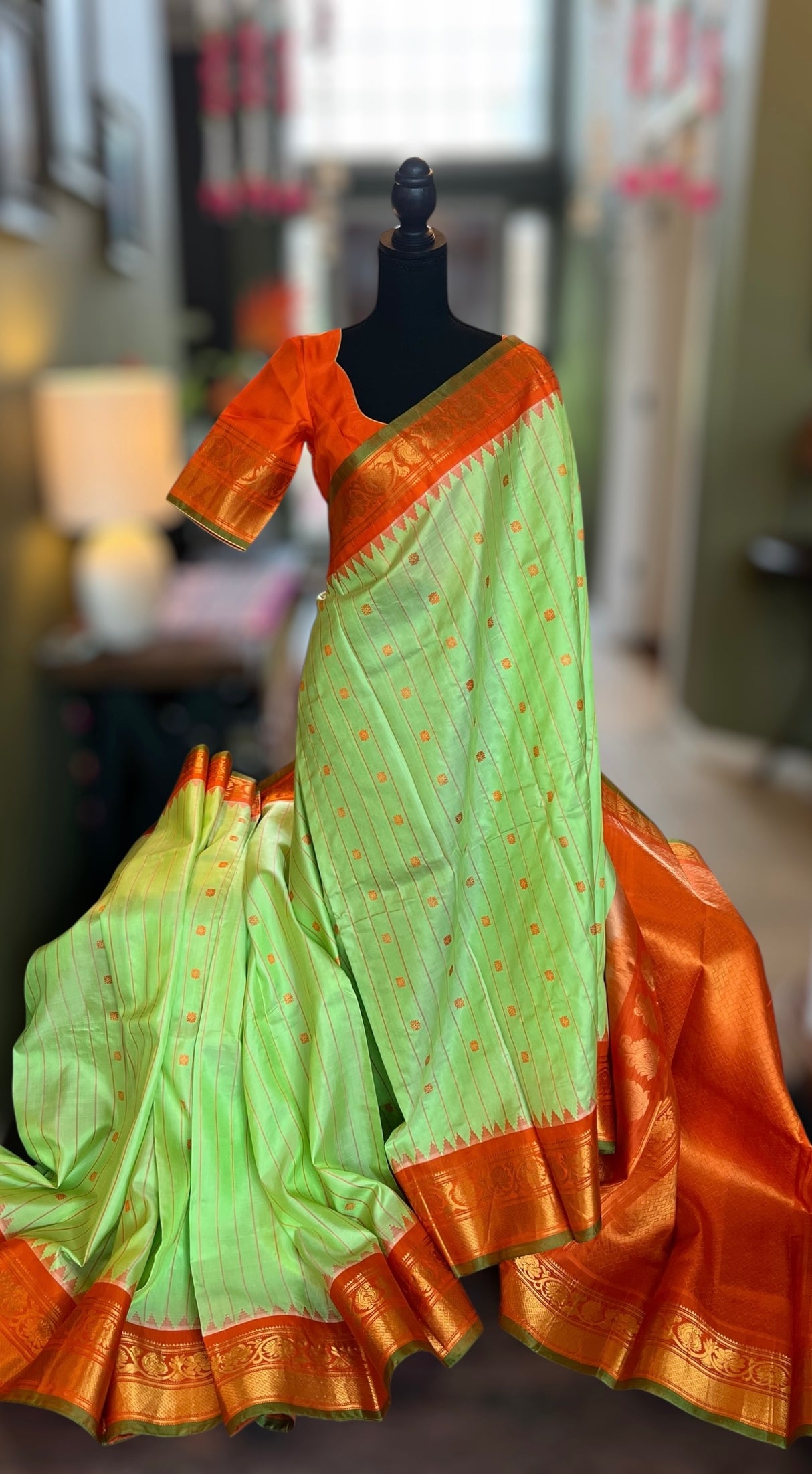 Pista Green Orange Gadwal Pure Silk