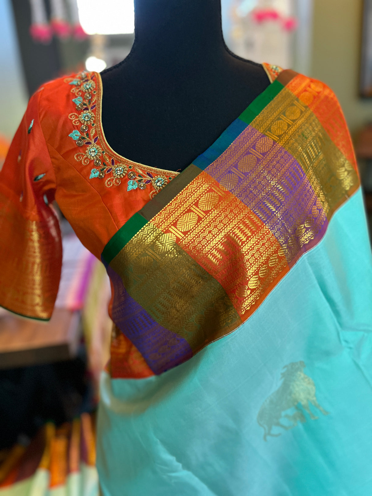 Nandi Motif Rangkat border Pure Kanchipuram SIlk Korvai