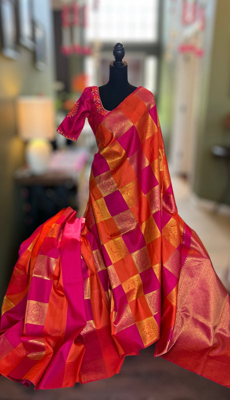 Multi Color Checks Kanchipuram Pure Silk Korvai