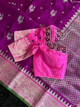 venkatgiri pattu saree with blouse pink and purple