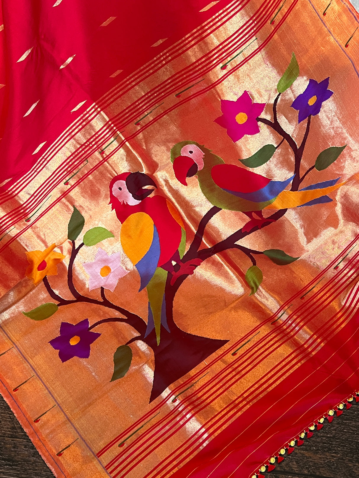 Red Single Muniya Handloom Paithani Pure Silk