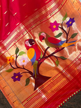 Red Single Muniya Handloom Paithani Pure Silk