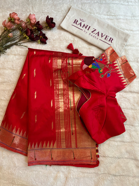 Red Single Muniya Handloom Paithani Pure Silk