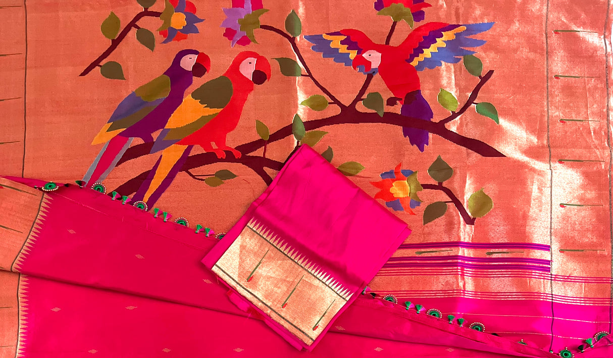 Single Muniya Pink Handloom Paithani Pure Silk