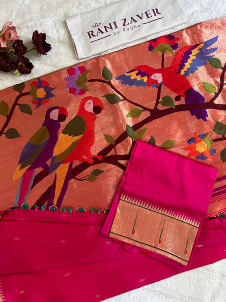 Single Muniya Pink Handloom Paithani Pure Silk