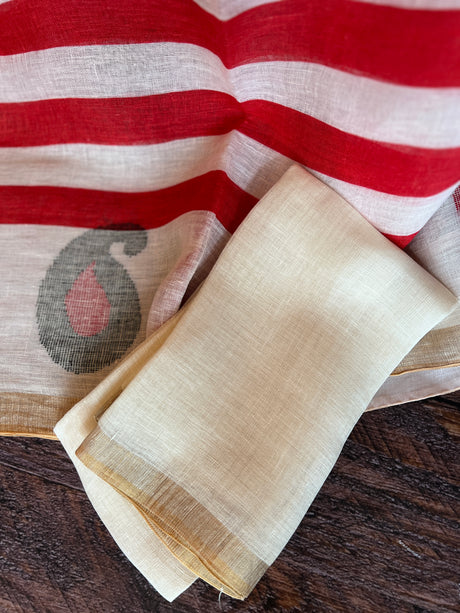 Red and White Stripes and mango motif Pure Linen