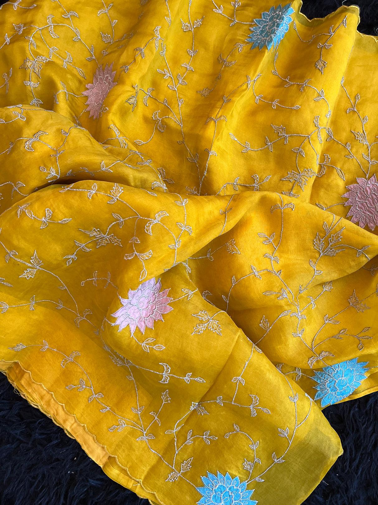 Yellow Organza With Embroidery and Blue Sleeveless Blouse
