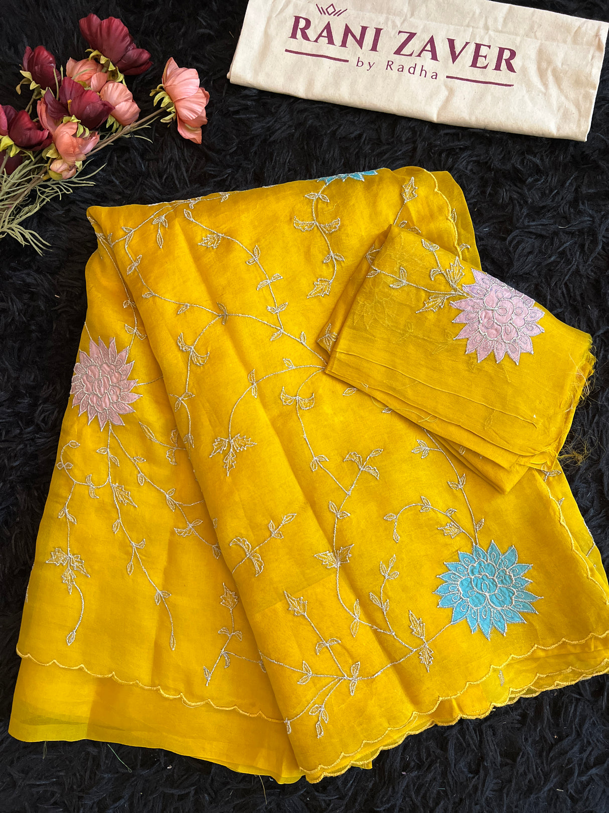 Yellow Organza With Embroidery and Blue Sleeveless Blouse