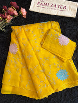 Yellow Organza With Embroidery and Blue Sleeveless Blouse