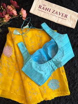 Yellow Organza With Embroidery and Blue Sleeveless Blouse