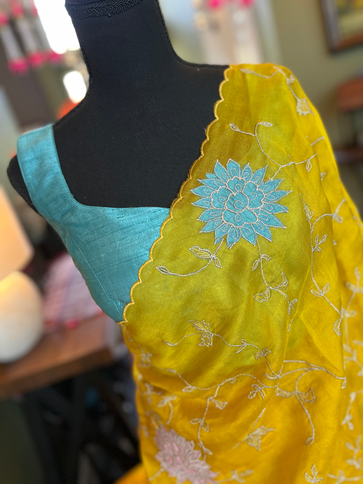 Yellow Organza With Embroidery and Blue Sleeveless Blouse