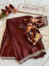 Chocolate Brown Satin Chiffon Crepe With Velvet Blouse