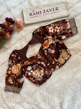 Chocolate Brown Satin Chiffon Crepe With Velvet Blouse