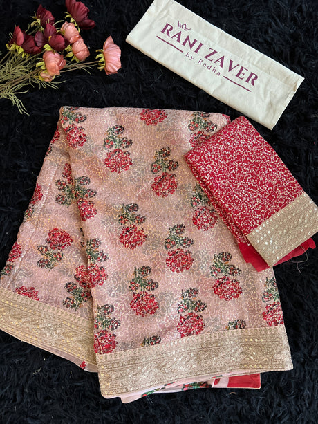 Pastel Pink Sequins on Pure Georgette with rose design