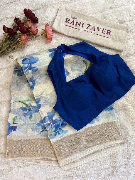 Linen by Matka Silk with Contrast Blue blouse