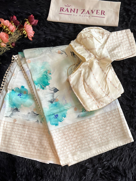 Raw Mango Design Banarasi Kaduwa Poona Silk Blue Floral Checked Border